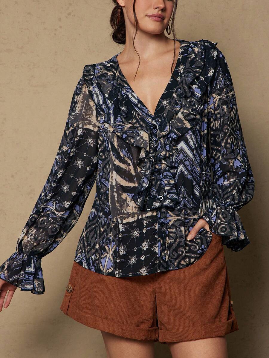 SHEIN VCAY Plus Size Women Floral Print Ruffle Collar Long Sleeve Fashion Blouse - Black - View 1