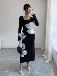 Elenzga Gaun Sweater Bodycon Rajut Jacquard Leher Persegi - Dusty Blue - View 4