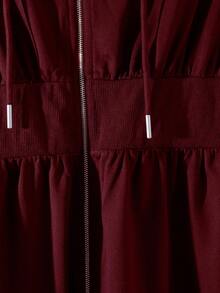 Modelyn Burgundy Slimming Zip-Up Hooded Casual Long Sleeve Jacket & Pants 2 Pieces Set For Women, Autumn/Winter - Burgundy - View 3