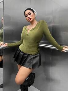 SHEIN EZwear 大码绿色半拉链插肩长袖休闲修身 T 恤 - 綠色 - 查看 7