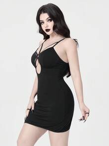 ROMWE Gothic Metal Buckle Modal Camisole Dress Sleepwear - Black - View 4