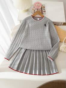 Sparklyn 女童撞色刺绣优雅上衣和百褶裙套装 - 灰色 - 查看 1