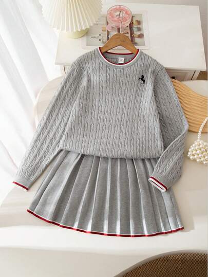 Sparklyn Girls' Colorblock Embroidered Elegant Blouse And Pleated Skirt Set Skirt Two Piece Set For Kids Girls Sweater Dress Girls Spring Autumn French Style Dress Girl Clothes Autumn And Winter Clothes Gray Uniform Dress For Girls Pleated Skirt Set Girl Spring Outfit Girls Lounge Set Two Piece Set Teen Girl Skirt And Sweater Set Kid Skirt Two Piece Set For Kids Girl Clothes Skirt Set Girls Spring Autumn French Style Dress Girls Spring Autumn Suit Long Sleeve Girls Dress Dress Kids Girl Girl Knit Set Girls Sweater Skirt Set Girl Clothes Autumn And Winter Clothes Tween Matching Set Knit