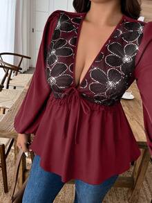 EMERY ROSE Plus Size Women V-Neck Sequin Patchwork Ruffle Hem Bowknot Blouse, Autumn/Winter - Burgundy - View 3