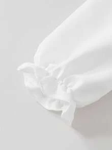 女童休闲衬衫套装，卡其色蝴蝶结设计，串珠针织罗纹面料，白色长袖荷叶边衬衫上衣搭配卡其色珍珠喇叭裤，两件套，适合返校、休闲、时尚、甜美、舒适，也适合户外旅行。 - 藍色 - 查看 5