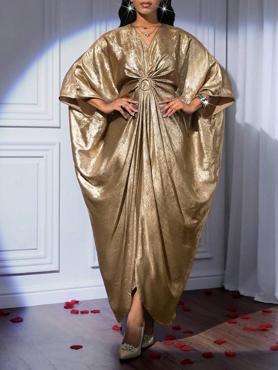 SHEIN Lady Women's Solid Color Metallic V-Neck Batwing Sleeve Pleated Dress - Gold - View 1