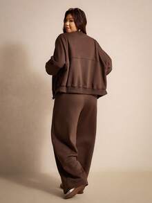 Elaquor 2pcs Plus Size Thermal Lined Jacket And Pants Set Spring - Coffee Brown - View 3