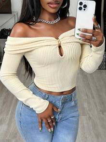 BamGleam Women's Fashionable Sexy Solid Color Hollow Off Shoulder T-Shirt - Apricot - View 1