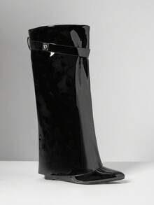 SHUZIA 女士时尚舒适尖头漆皮PU翻边过膝高跟坡跟靴 - 黑色 - 查看 4