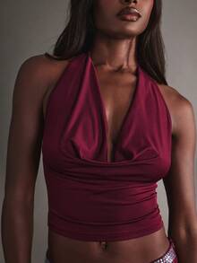 Hauture Sexy Party Night Out Halter Backless Plunge Neck Top - Burgundy - View 6