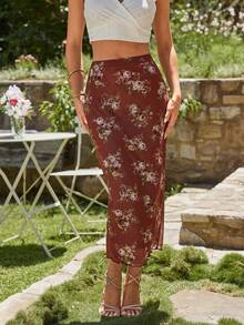 KARISMINA 女士弹力腰带印花优雅美人鱼裙 - 棕色 - 查看 3