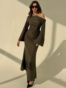 Aloruh Autumn Minimalist Commuter Oblique Shoulder Flare Sleeve Pleated Dress For Women - Olive Green - View 6