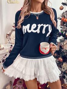 LanaWest Women's Christmas Font Pattern Knit Sweater For New Year Clothes - Navy Blue - View 6