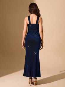 Teen Girl Spaghetti Strap Hollow Back Ruched Waist Dress, Elegant & Christmas Party Dress - Blue - View 2