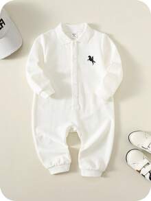 SHEIN Unisex Baby Boy/Girl Fall/Winter Clothes Outfit Set, Jumpsuits, Casual Solid White Collar Front Open Long Sleeve Jumpsuit, Comfortable Versatile Minimalist Style Basic, Suitable For Autumn/Winter, Festivals, New Year, Weddings, Baby Shower, White Corset, Winter Clothes