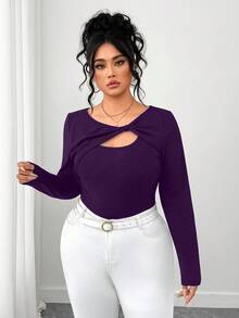 Elenzga Camiseta de manga larga con diseño asimétrico y tela texturizada para tallas grandes - Morado - Ver 3