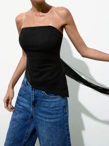 Maija Áo ống thời trang tua rua bất đối xứng màu trơn dành cho nữ - màu đen - Xem 5