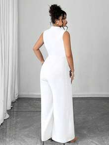Elenzga Áo liền quần cổ tròn không tay đính hạt thanh lịch cỡ lớn và chân thẳng - trắng - Xem 2