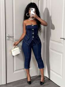 Slaydiva Women's Skinny Jeans, Low-Rise, Slim-Fit, Cropped, Dark Blue, Y2K Style, Street Fashion, Music Festival, Christmas, New Year, Valentine's Day. - Dark Wash - View 1