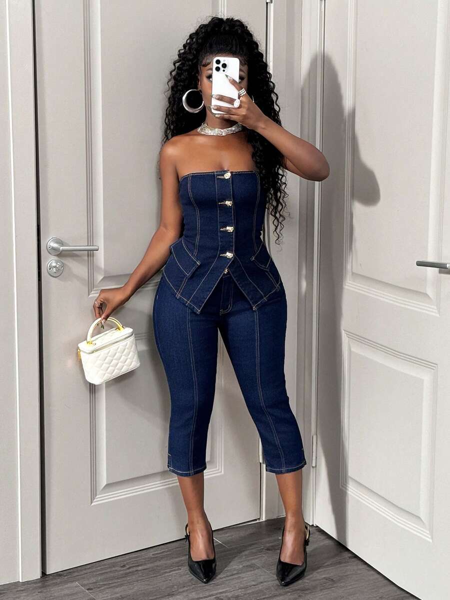 Slaydiva Women's Skinny Jeans, Low-Rise, Slim-Fit, Cropped, Dark Blue, Y2K Style, Street Fashion, Music Festival, Christmas, New Year, Valentine's Day. - Dark Wash - View 1