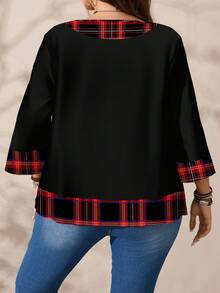 EMERY ROSE 大码女式浪漫休闲格子图案撞色印花圆领宽松七分袖衬衫，充满圣诞气息，适合秋冬季穿着 - 紅色 - 查看 5