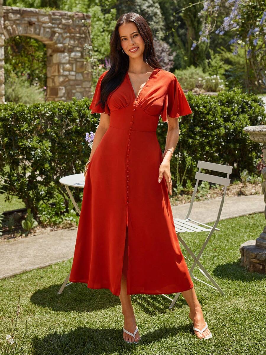 KARISMINA Women's Solid Color V-Neck Ruffle Short Sleeve Button Design Casual Dress - Burnt Orange - View 1