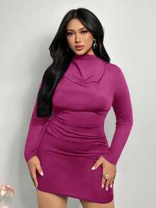 Firerie Plus Size Elegant Magenta Mini Bodycon Dress For Autumn, Ruched Fitted Night Out Club Dress,Commuter Curvy Style For Dates,Parties & Weddings - Hot Pink - View 4