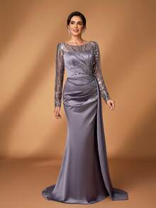 Serin Váy đuôi cá dài tay bằng vải satin co giãn, thêu hoa lưới đính ngọc trai và sequin sang trọng, thanh lịch, xẻ tà bên hông, thích hợp cho đám cưới, tiệc tùng, kỳ nghỉ, váy dạ hội cho cô dâu và mẹ cô dâu - Màu xám đen - Xem 7