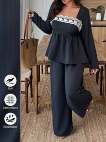 SHEIN LUNE 秋冬大码女装休闲纹理蓝白蕾丝法式方领衬衫裤两件套女士秋冬装外出服下午茶装 - 藏蓝色 - 查看 1