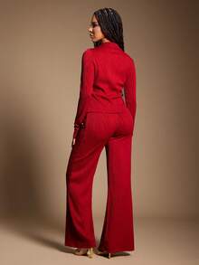 Radiana Bộ áo sơ mi màu đỏ tía cổ điển gợi cảm dành cho nữ, áo sơ mi dài tay buộc nơ phía trước + quần ống rộng 2 món, vải dệt kim co giãn, thích hợp cho các buổi đi chơi hàng ngày, tiệc tùng, hẹn hò, văn phòng, đi làm, câu lạc bộ, đi chơi đêm - Màu Đỏ Sâu - Xem 2