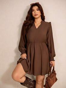 Elaquor Vestido casual de talla grande con cuello con muesca y unicolor retro - Café integral - Ver 3