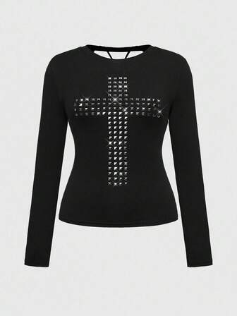 Grunge Punk Große Größen Gothic Kreuz Strass verziertes schwarzes Langarm T-Shirt, Damen Große Größen Tops, Herbst/Winter Gothic Lässig Damen Große Größen Kpop Langarm Bluse