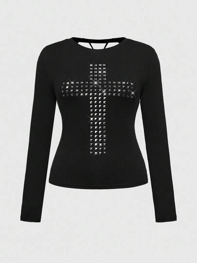 Grunge Punk Plus Size Gothic Cross Rhinestone Embellished Black Long Sleeve T-Shirt, Women Plus Size Tops, Autumn/Winter Gothic Casual Plus Size Women Long Sleeve Blouse