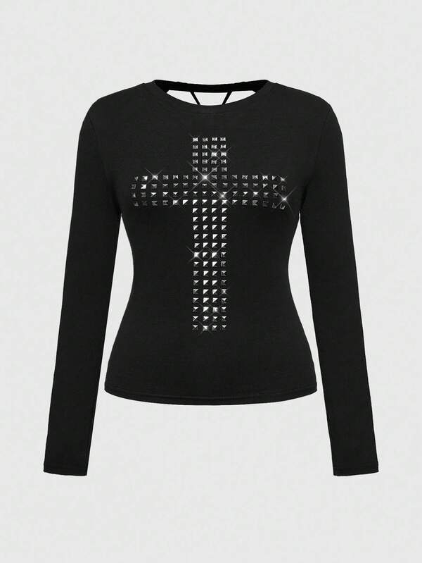 ROMWE Grunge Punk Camiseta de manga larga negra con adorno de cruz de cristal para tallas grandes, Blusas de manga larga góticas informales de talla grande para mujer en otoño/invierno