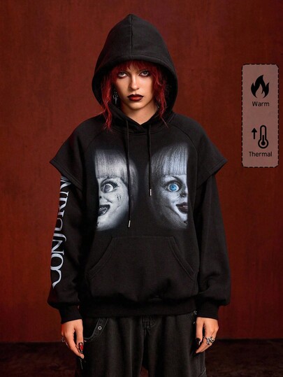 The Conjuring X ROMWE Sudadera con capucha casual de 2 en 1 con gráficos de figura oscura y gráficos de letras con cordón, para primavera/otoño