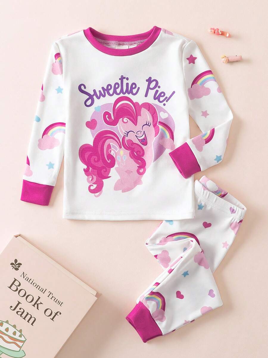 My Little Pony X SHEIN 两件套女婴可爱粉色小马印花长袖上衣和彩虹星星印花长裤睡衣套装，适合春、秋、冬季穿着。 - 白色 - 查看 1