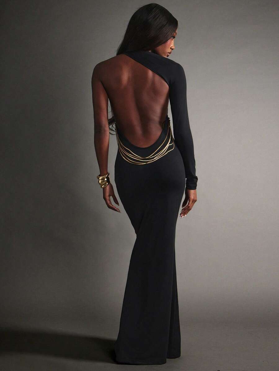 Hauture Đầm dự tiệc cocktail dài đuôi cá hở vai hở lưng có chi tiết xích cho nữ - màu đen - Xem 1
