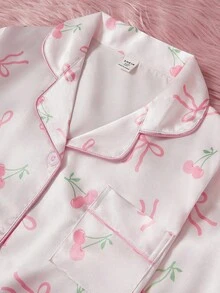 2pcs Tween Girls Cute Bow Print Lapel Cardigan & Casual Pants Set, Comfortable Sleepwear,Summer,Travel - Pink - View 6