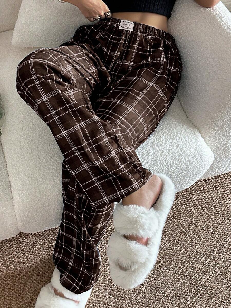 SHEIN Women's Casual Plaid Print Elastic Waist Straight Leg Sleep Pants, Fall & Winter