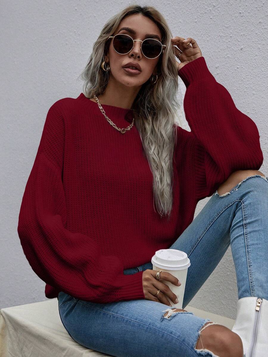 SHEIN LUNE Women's Solid Color Drop Shoulder Long Sleeve Loose Casual Pullover Sweater, Autumn/Winter - Red - View 1