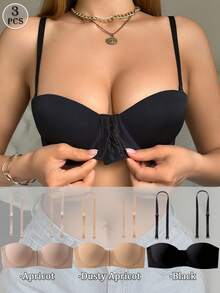DesireSculpt 3pcs/Set Multi-Color Balcony Bra Front Closure Push Up Bra, Convertible Spaghetti Strap & Spaghetti Strap - Multicolor - View 2
