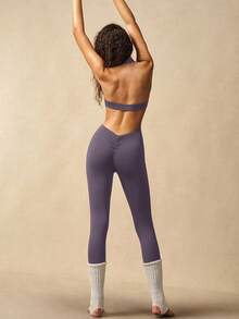 VARSIVA Bộ đồ liền thân hở lưng tập yoga thể thao đơn sắc dành cho nữ - Màu tím - Xem 9