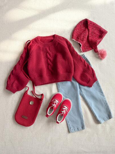 PrepCrw 女童圆领扭结印花长袖毛衣，学院风