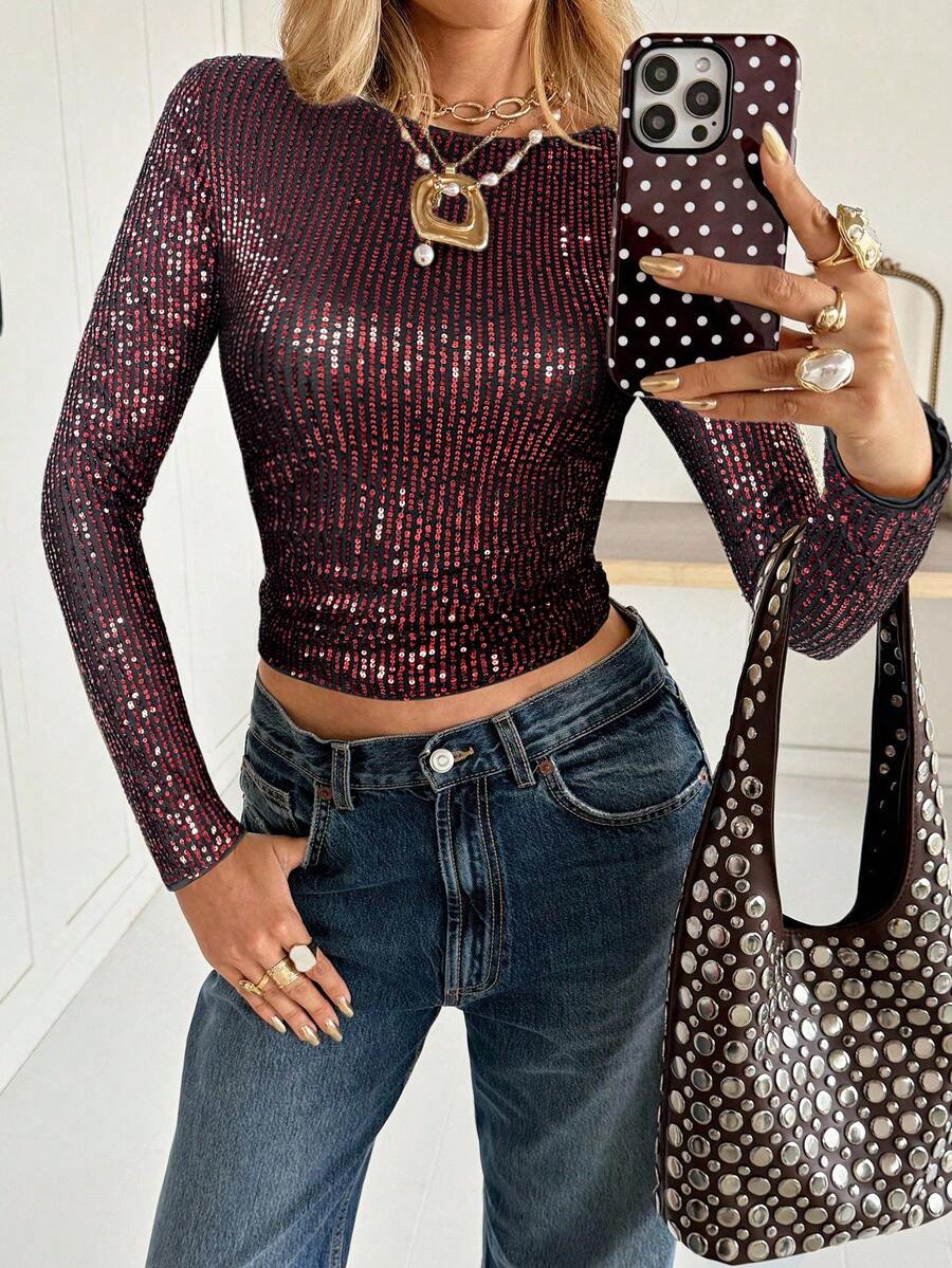 Siren Gaze Áo thun tay dài đính sequin lấp lánh, thích hợp mặc dự tiệc, hẹn hò và mặc hàng ngày - Màu Đỏ Sâu - Xem 1