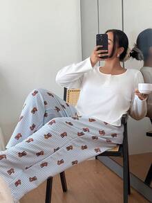 SHEIN 大码女式两件套睡衣套装，可爱小熊条纹印花纽扣上衣和阔腿裤，泰迪熊睡衣套装，女士可爱睡衣，秋冬服装 - 彩色 - 查看 4