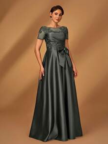 Serin 优雅奢华浪漫咖啡色网眼拼布缎面褶饰奢华串珠贴花短袖蝴蝶结 A 字下摆连衣裙，适合晚会、约会、度假、舞会、婚礼、新娘妈妈礼服 - 灰色 - 查看 4