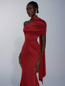 Elitara Elegant,Formal Burgundy Winter Bridesmaid Dress, Stretch Satin Fishtail Hem Trailing Fashionable Influencer Holiday Wedding Event - Red - View 6