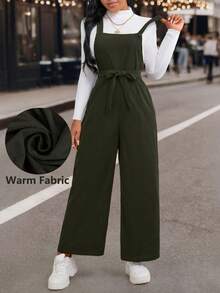EMERY ROSE Plus Size Women's Solid Color Tie Strap Jumpsuit, Autumn/Winter