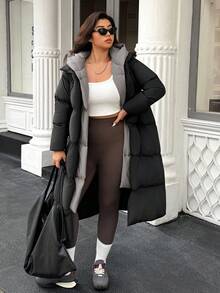 Easura 加大码保暖长款连帽时尚百搭羽绒服，冬季