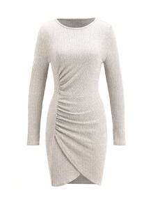 SHEIN Clasi Women's Light Grey Elegant Knitted Thick Thermal Lined Bodycon Dress,Casual Date Autumn Winter Retro Waist Stretch Warm Brushed Fleece Short Dress - Apricot - View 6
